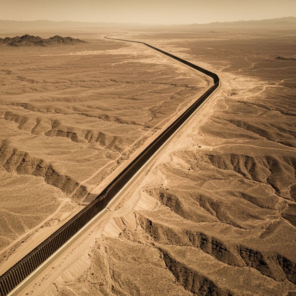 Aerial view of the US-Mexico border stretching across desert terrain