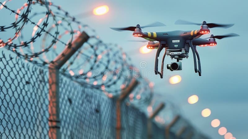 Surveillance drone near border fence at dusk